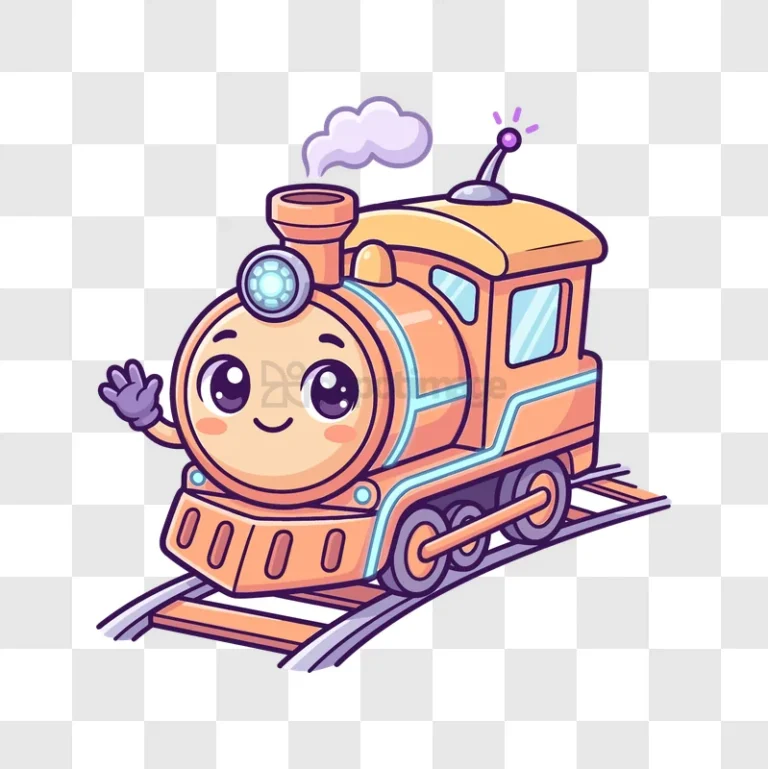 Cute Cartoon Train Waving on Tracks, orange friendly character on rails