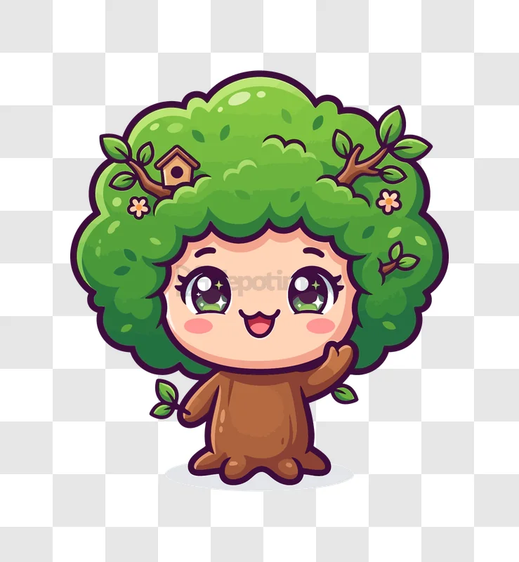 Cute Cartoon Tree Character Waving, green leaves brown trunk cheerful