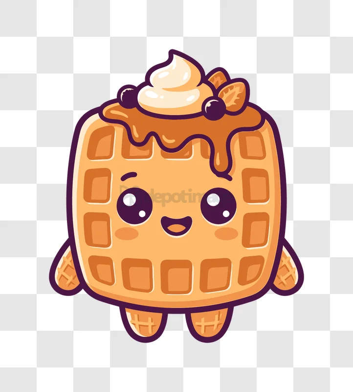 Cute Cartoon Waffle With Syrup Topping, adorable character transparent background