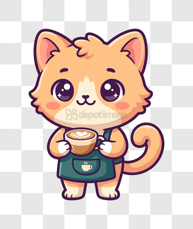 Cute Cat Barista Holding Coffee cartoon style transparent background