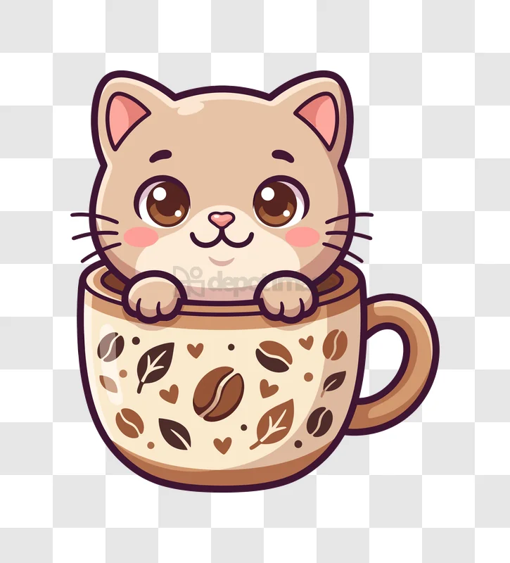 Cute Cat in Coffee Cup Illustration cartoon style, beige cat, coffee beans