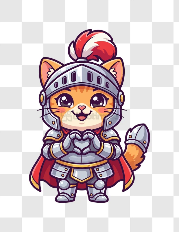 Cute Cat Knight Heart Hands cartoon style orange grey red