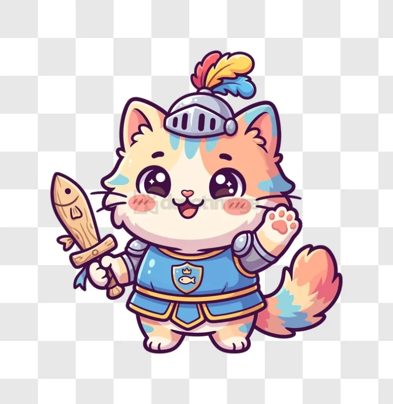 Cute Cat Knight With Fish Sword cartoon style colorful transparent background