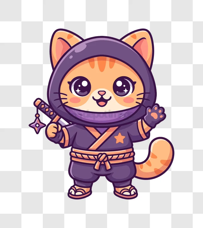 Cute Cat Ninja With Shuriken Waving cartoon style purple outfit transparent background