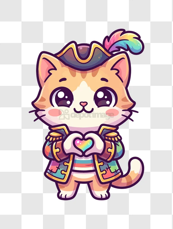 Cute Cat Pirate With Rainbow Heart cartoon style colorful transparent background