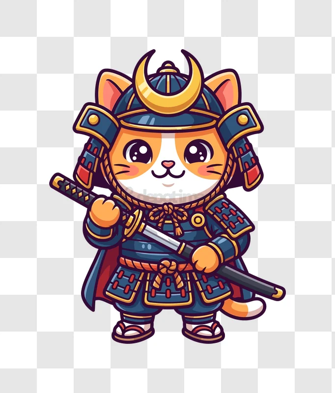 Cute Cat Samurai With Katana cartoon style transparent background