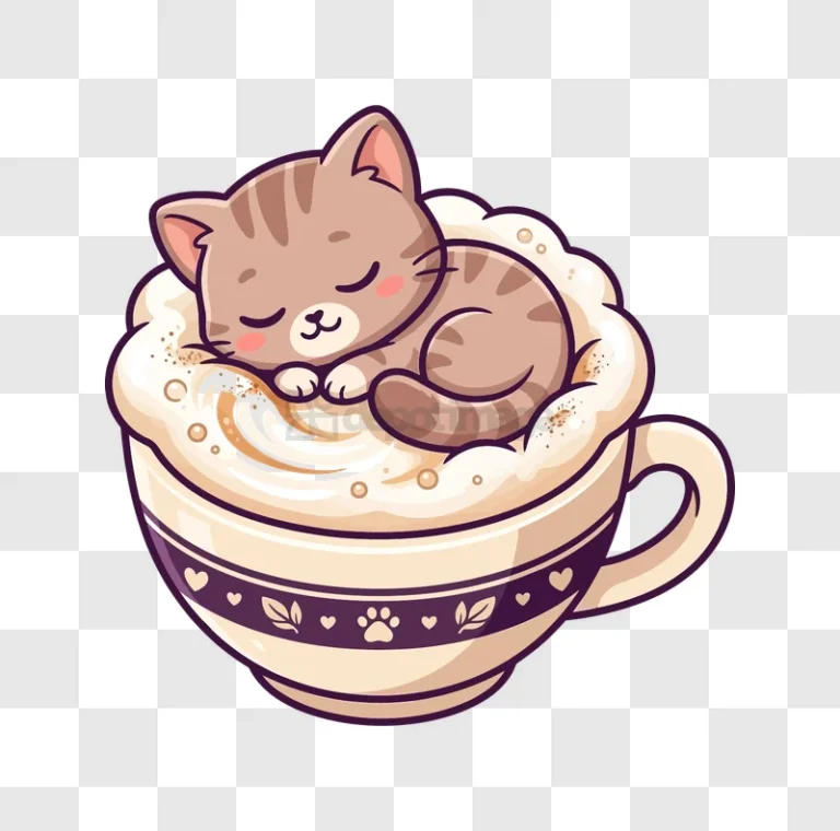 Cute Cat Sleeping in Coffee Mug cartoon style transparent background