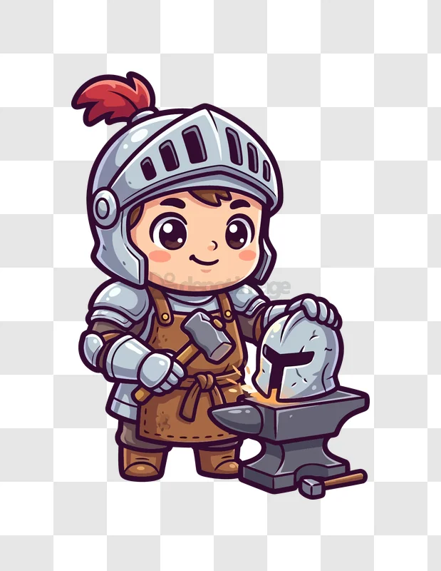 Cute Character Forging Knight Helmet cartoon style transparent background