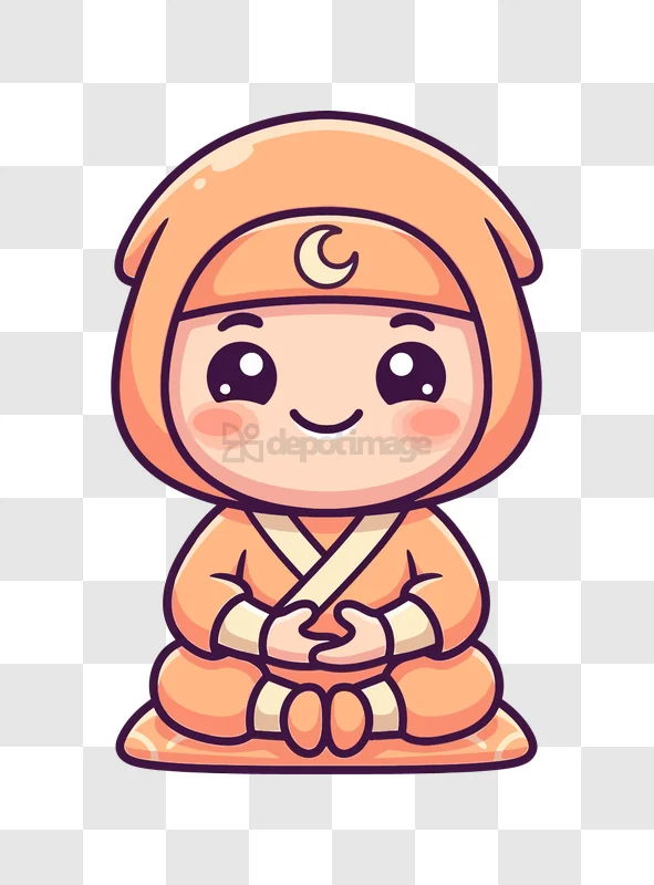 Cute Chibi Character Meditating Calmly, orange robes cartoon style transparent