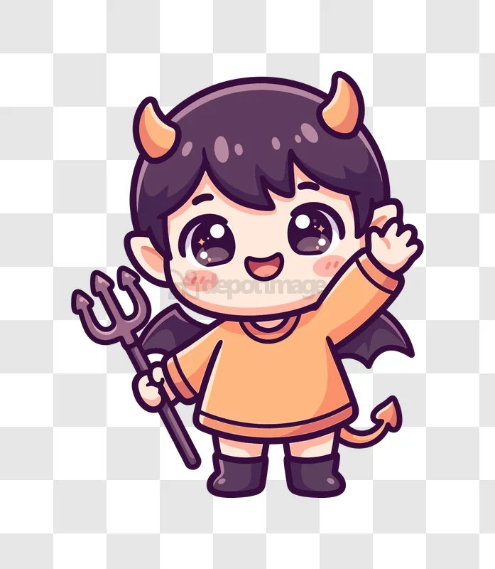 Cute Chibi Devil Waving Trident cartoon style orange black