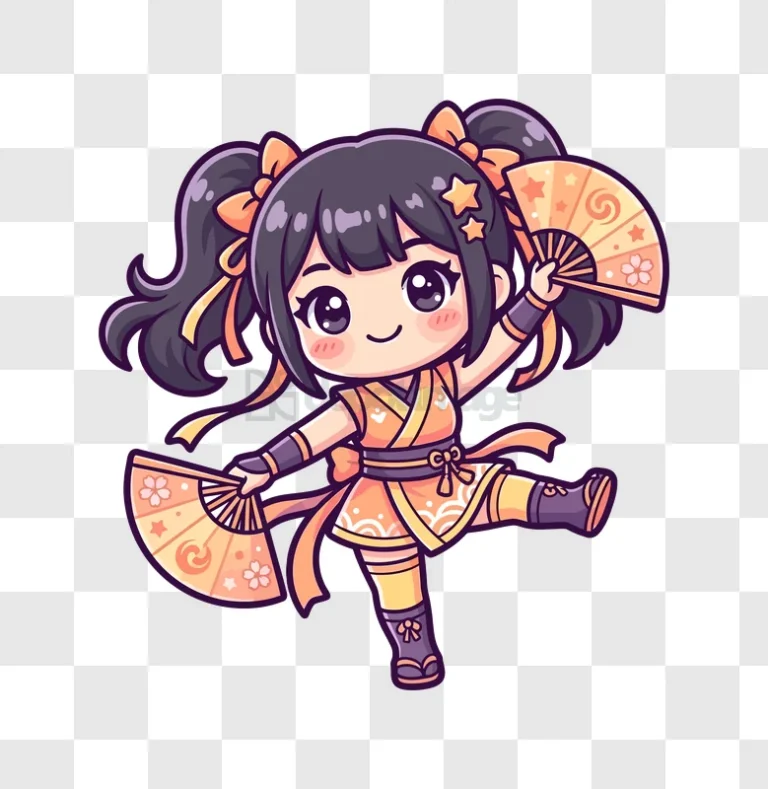 Cute Chibi Girl Dancing With Fans: orange outfit, dark hair, holding fans, transparent background
