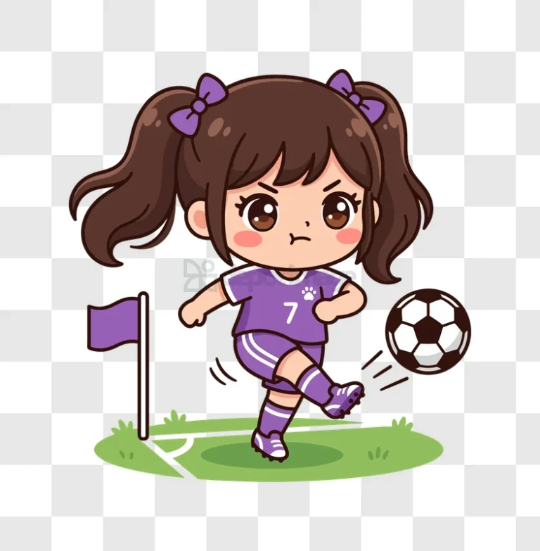 Cute Chibi Girl Soccer Player Kicking Ba, cartoon style, purple uniform, green field