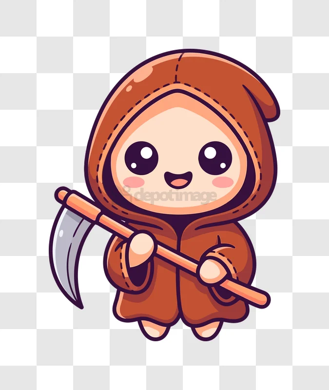 Cute Chibi Grim Reaper Smiling cartoon graphic with scythe, brown hooded robe