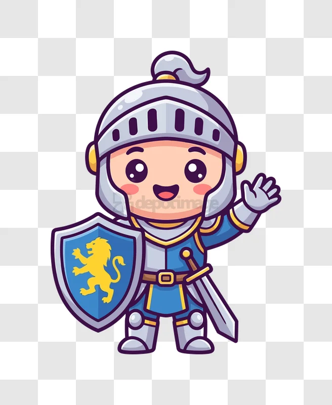Cute Chibi Knight Character Waving cartoon style blue armor shield