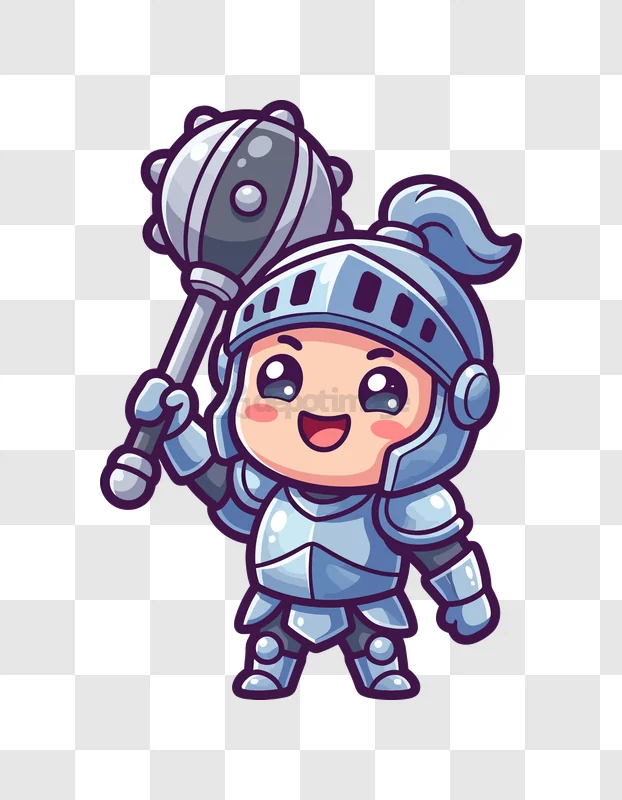 Cute Chibi Knight Holding a Mace cartoon style transparent background