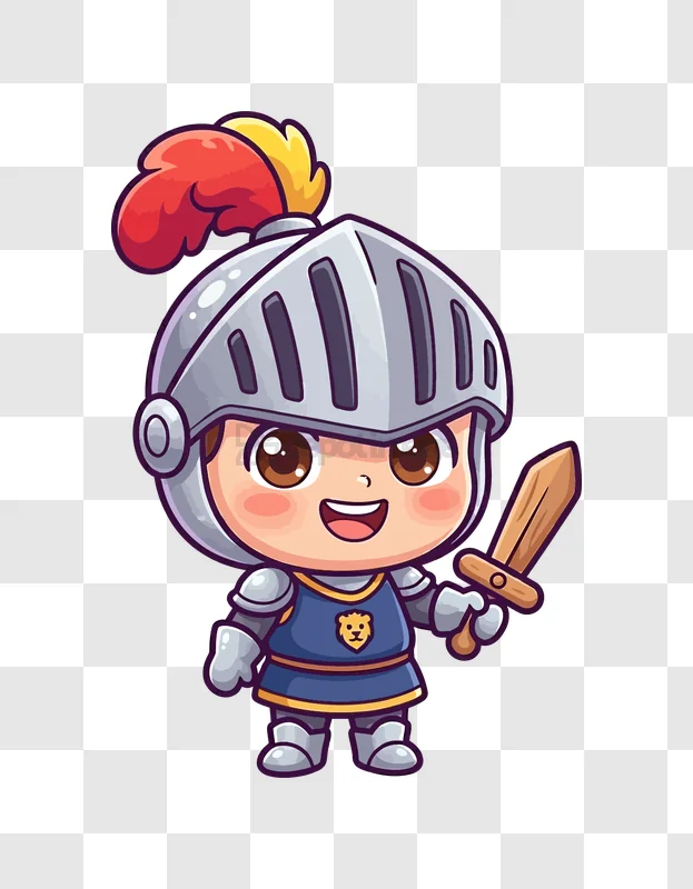Cute Chibi Knight Holding a Sword cartoon style transparent background