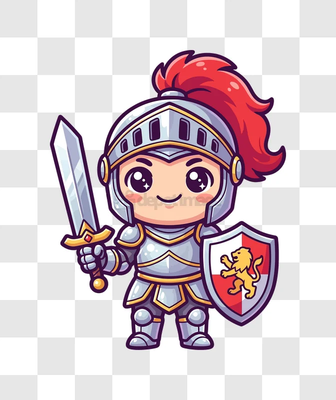 Cute Chibi Knight Holding Sword and Shie cartoon style transparent background