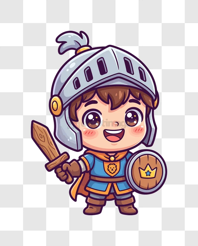 Cute Chibi Knight Holding Sword Shield cartoon style transparent background