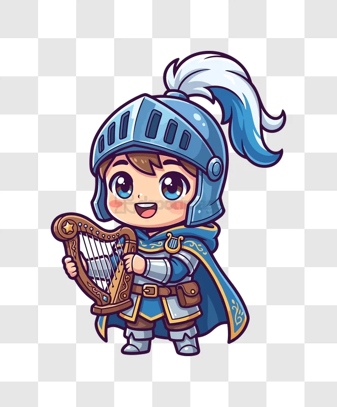 Cute Chibi Knight Playing Lyre cartoon style blue armor