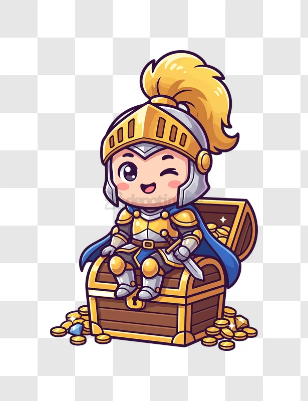 Cute Chibi Knight Sitting on Treasure cartoon style gold blue