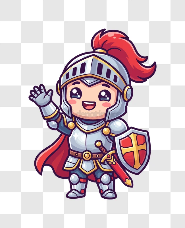 Cute Chibi Knight Waving Happily cartoon style transparent background, red cape, shield