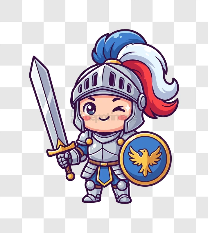 Cute Chibi Knight Winking With Sword cartoon style transparent background