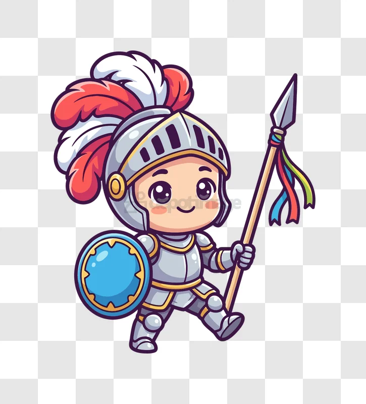 Cute Chibi Knight With Spear, cartoon style, grey armor, red feathers, transparent background