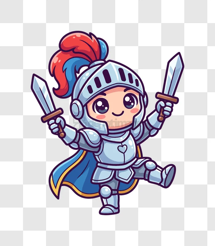 Cute Chibi Knight With Swords Posing cartoon style transparent background