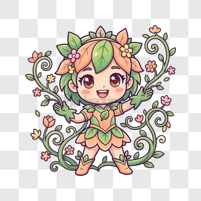 Cute Chibi Nature Spirit Character With Floral Vines cartoon illustration transparent background