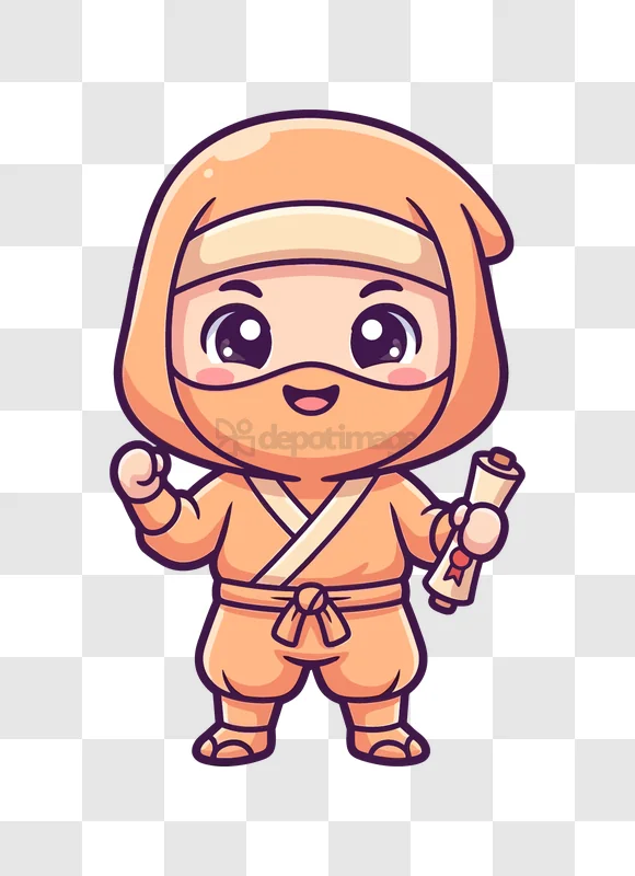 Cute Chibi Ninja Cartoon Character Pose orange outfit scroll transparent background