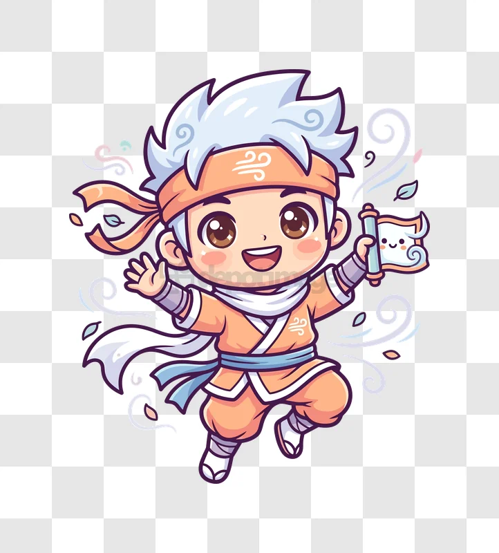 Cute Chibi Ninja Character With Scroll and Waving Hand cartoon style transparent background