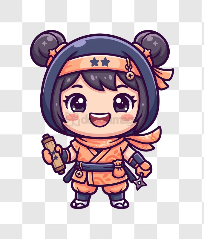 Cute Chibi Ninja Girl Holding Scroll and Shuriken cartoon illustration transparent background