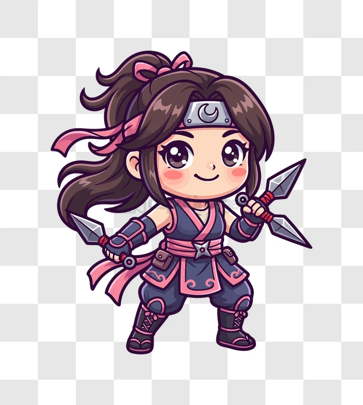 Cute Chibi Ninja Girl With Weapons cartoon style dark blue pink