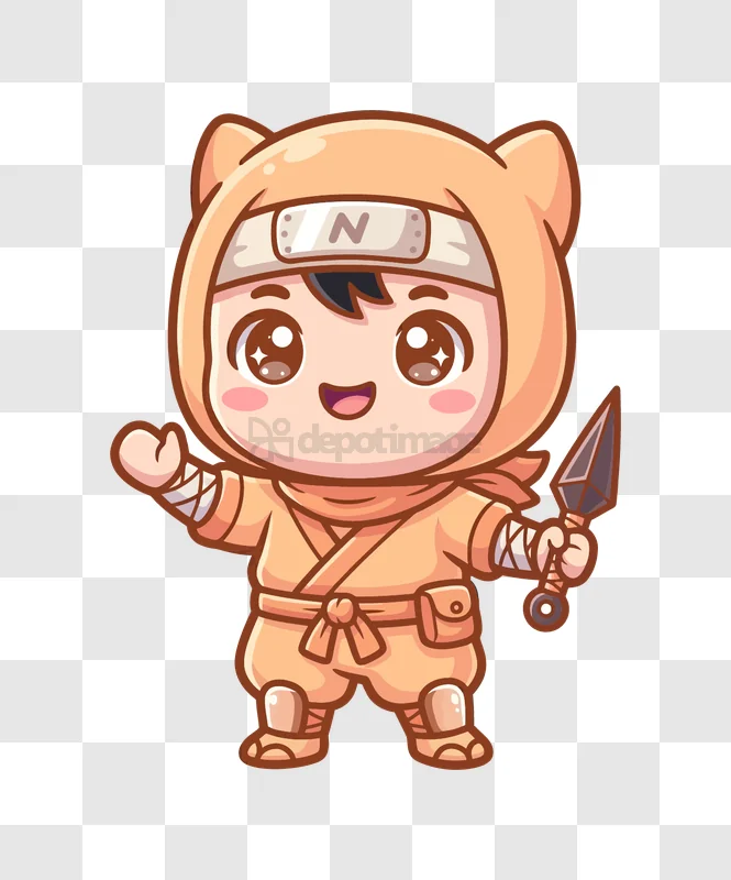 Cute Chibi Ninja Holding Kunai orange suit transparent background
