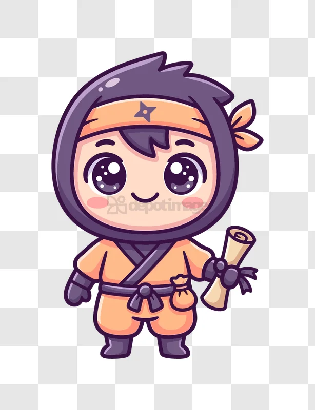 Cute Chibi Ninja Holding Scroll cartoon style purple orange