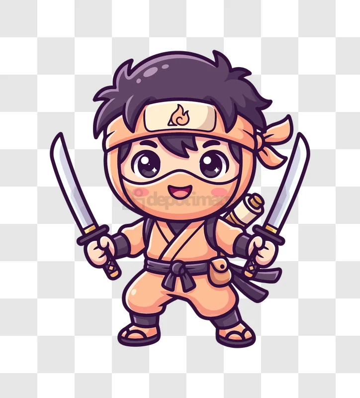 Cute Chibi Ninja Holding Swords cartoon style orange black
