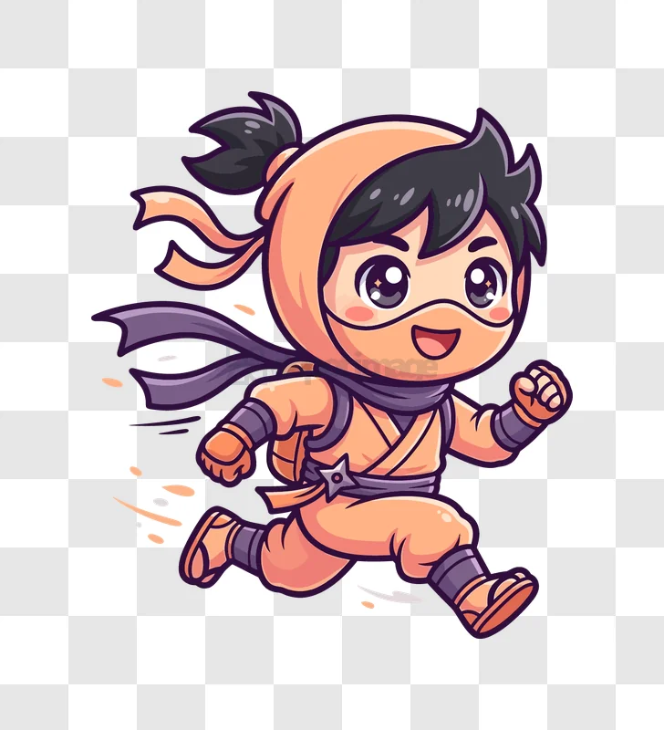 Cute Chibi Ninja Running Happily, cartoon style orange purple