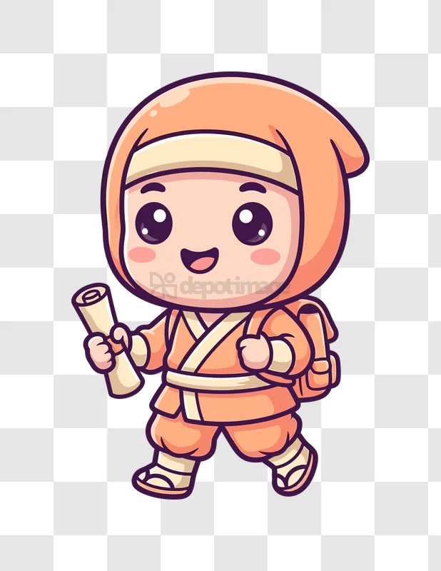 Cute Chibi Ninja Walking With Scroll cartoon style transparent background