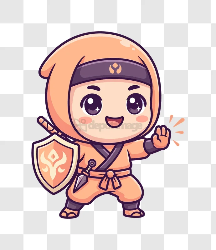 Cute Chibi Ninja Waving With Shield cartoon style transparent background