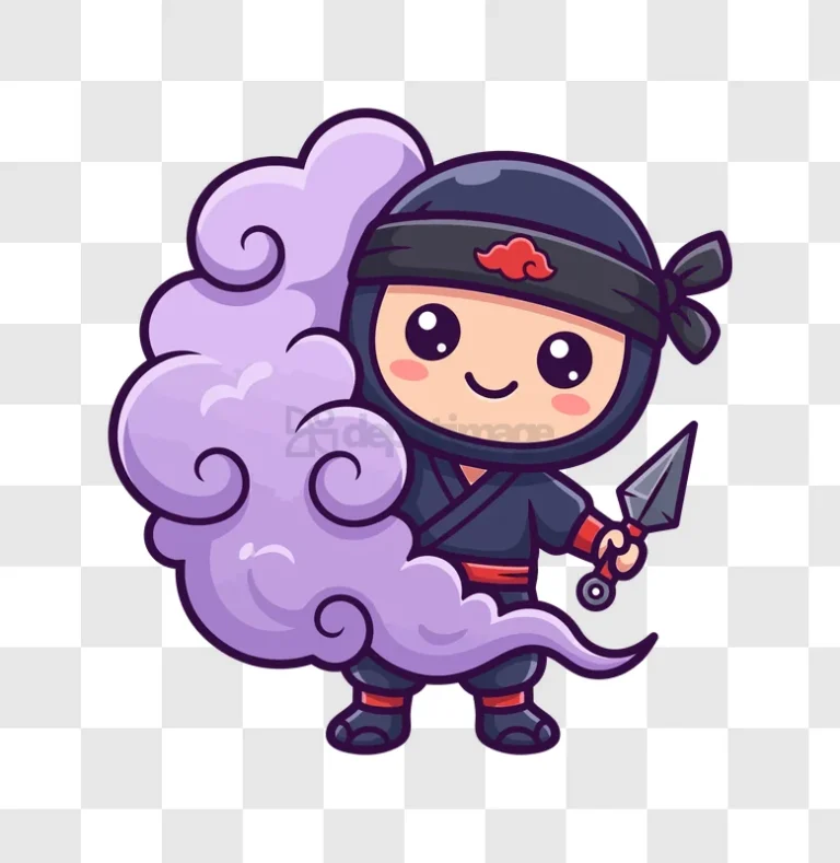 Cute Chibi Ninja With Smoke Bomb cartoon style purple smoke transparent