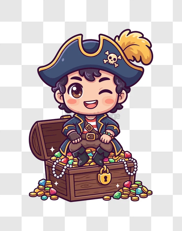 Cute Chibi Pirate on Treasure Chest cartoon style dark blue hat