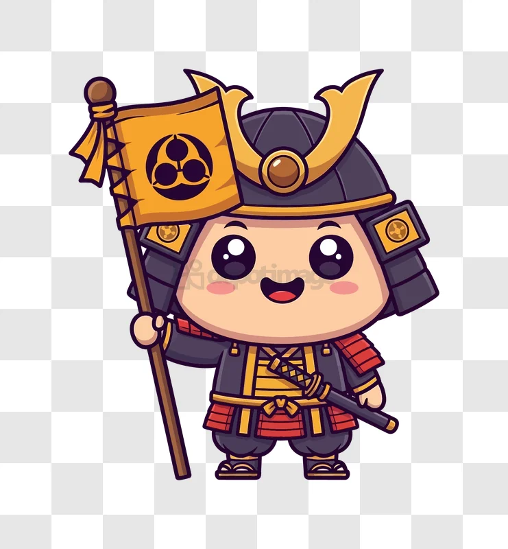 Cute Chibi Samurai Holding Flag cartoon style black background