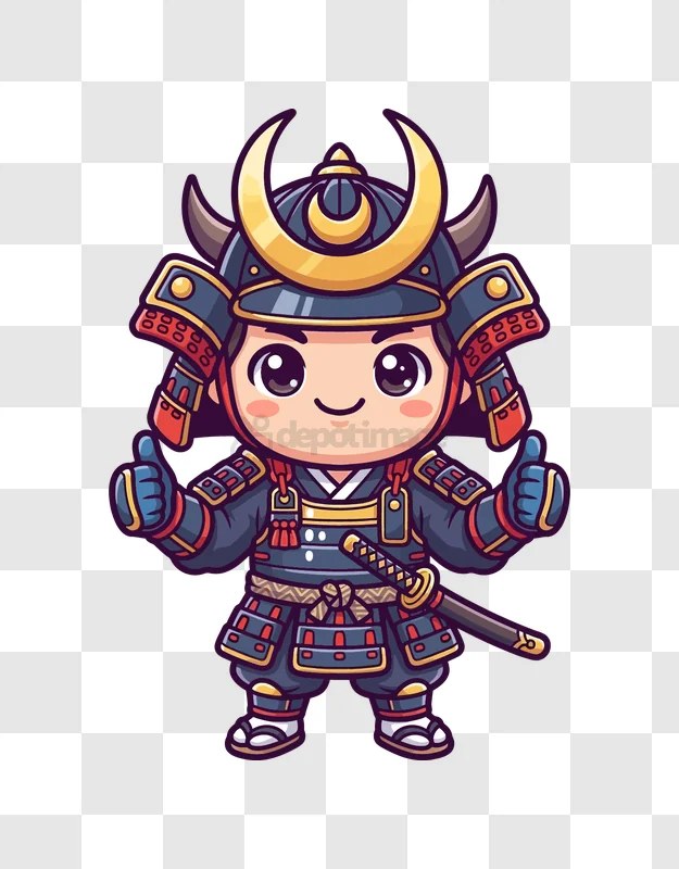 Cute Chibi Samurai Thumbs up Cartoon, colorful chibi character black background