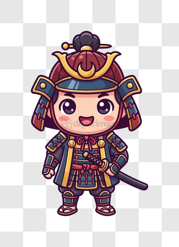 Cute Chibi Samurai Warrior Smiling Chara cartoon style transparent background