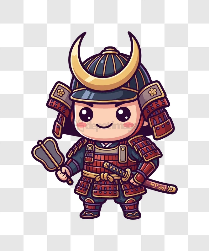 Cute Chibi Samurai Warrior Smiling cartoon style red gold black