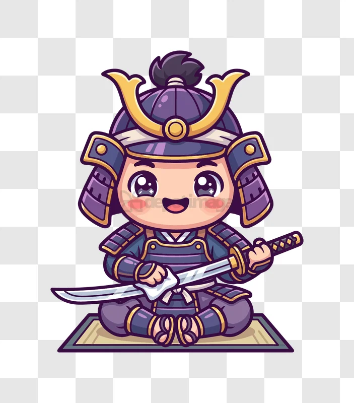 Cartoon Samurai With Katana chibi style purple gold armor