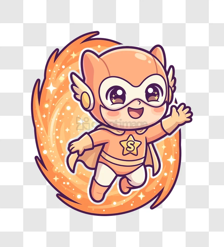 Cute Chibi Superhero Flying Smiling orange character sparkling background