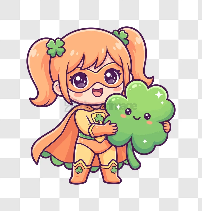 Cute Chibi Superhero Girl Holding Lucky Clover cartoon style orange green
