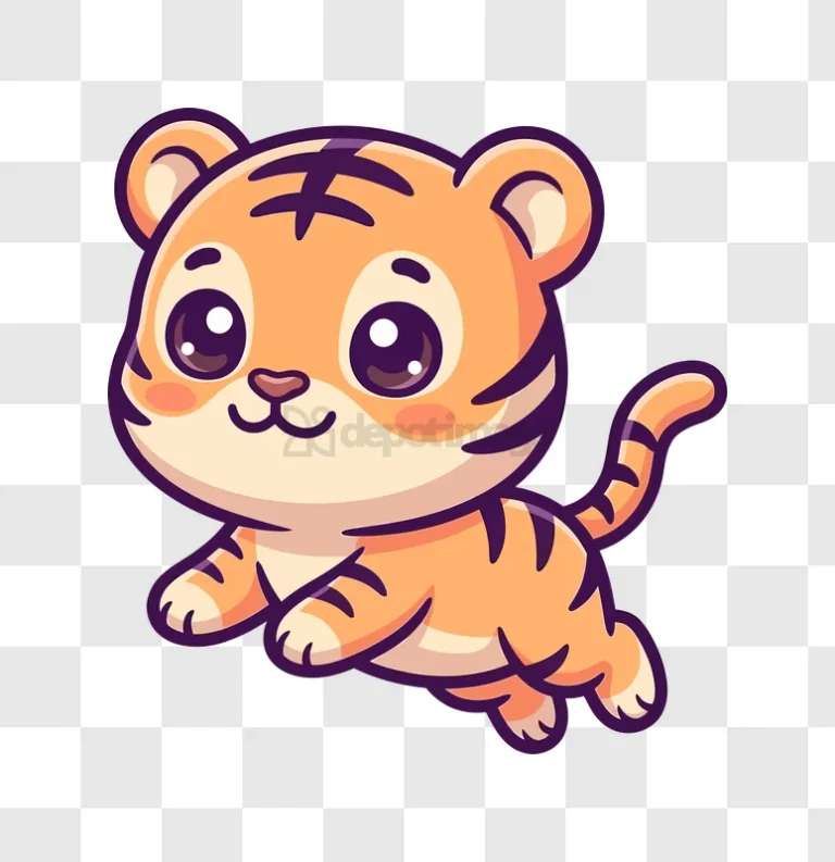 Cute Chibi Tiger Jumping Happily, cartoon style orange black stripes