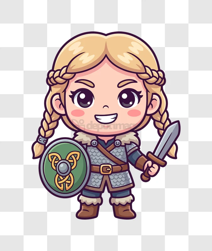 Cute Chibi Viking Girl Warrior cartoon style transparent background